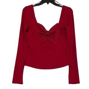 NWT Evolutionary Women Red Long Sleeve Sweetheart Neck Bow‎ Detail Top Size L